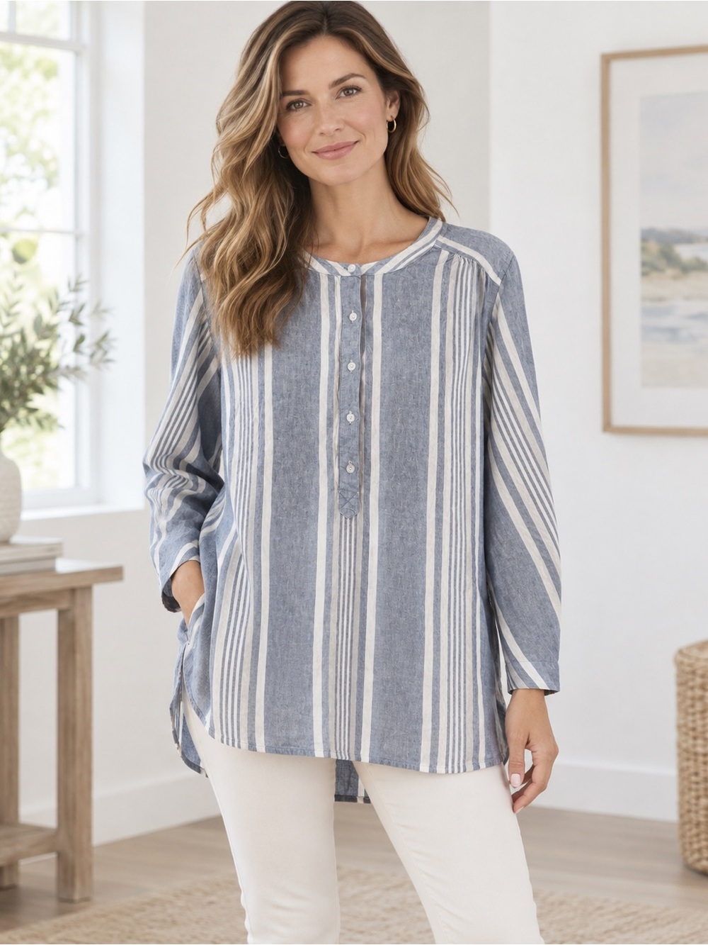 Denim & Co Blue White Striped Yarn Dyed Linen Blend Top Blouse NWOT XL #2771